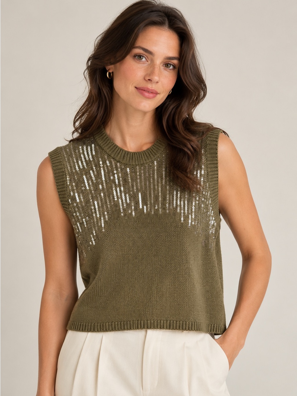 Mulaya Olive Green Sequin Knit Sweater Vest Sleeveless Sparkle Top